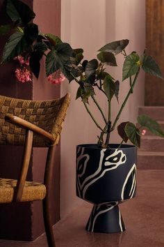 a black and white vase with pink flowers in it sitting on a table next to a chair