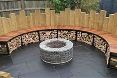 an outdoor fire pit surrounded by wood and brick walls with benches on each side that are made out of logs