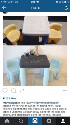 an instagramted photo of two plastic chairs and a table with writing on it