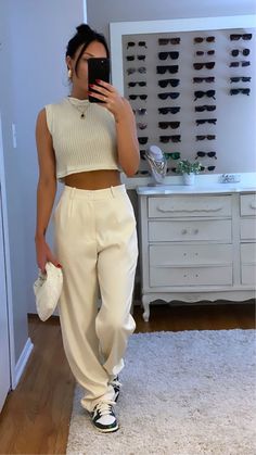 cream crop top sweater, cream trousers, nike dunk vintage green sneakers, casual outfit, Women’s Nike Dunk Low Outfit, Nike Dunk Business Casual, Nike Dunk Low Green Outfit Woman, Green Nikes Outfit, Dunks Styled, Green Nike Shoes Outfit, Green Nike Outfit