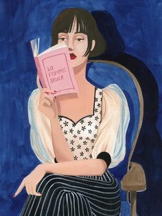 a painting of a woman sitting in a chair holding a book