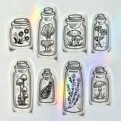 six clear rubber stamps with images of jars and mushrooms