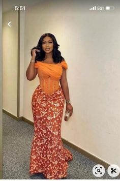 Aso Ebi Lace Styles Long Sleeve, Aesobi Dresses, Orange Asoebi, Nigerian Traditional Dresses, Nigerian Dress Styles, Aso Ebi Lace Styles, Nigerian Outfits, Nigerian Dress, African Party Dresses