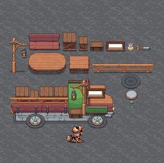 an image of a truck with furniture in the back and other items around it on the ground