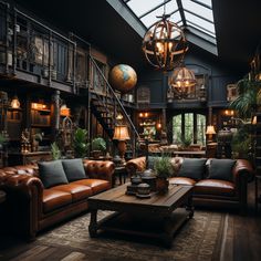 a living room filled with lots of furniture and a skylight above the couches