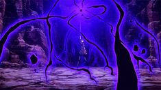 an animated scene with trees and purple lights