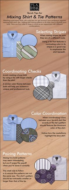 Is your wardrobe more shirt & tie than suit & tie? Here are a few tips on common shirt and tie pattern combinations. ... #Mens #Fashion #MensFashion #Clothes #Clothing Pattern Combinations, Shirt And Tie, Mode Tips, Tie Pattern, Shirt Tie, Men Style Tips, Fashion Business