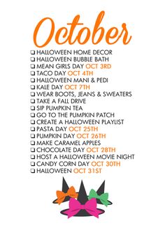 an orange and white poster with the words october written in bold font, on a white background