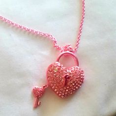 Crystal Pink Heart Puff Locket Necklace W/ Key New Amazing Unlock Your Heart Necklace Also Look Very Carefully At The Picture Of The Key It Also Has A Little Heart Hole On The Key Itself If You Notice In The Picture This Is Such A Great Necklace Really Is As Pictures Don't Do It Justice At All Pendant Measures 2x2 Inches The Chain Itself Is 24in With 3-In Extender Refer To Picture To Give You A Better Idea What You Will Be Receiving This Is The Exact Time You Will Be Receiving These Are Brand Ne Pink Locket, Unlock Your Heart, Heart Lock Necklace, Red Stone Necklace, Strawberry Soda, Free People Necklace, Pink Goth, Tiered Necklace, Heart Necklaces