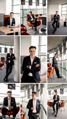 a collage of photos shows a man in a suit sitting on a chair and posing for the camera