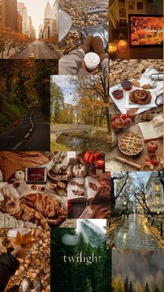 a collage of photos with food and trees in the background