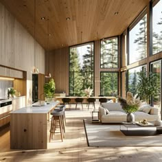 a living room filled with lots of furniture and large windows next to a kitchen area