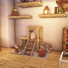 a cat sitting on top of a wooden platform in a room filled with shelves and furniture