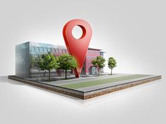 an image of a building with a red marker in the shape of a map pointer