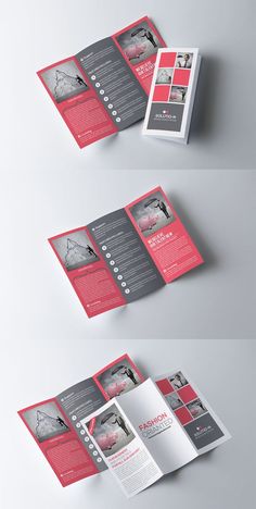 three fold brochure mockup with red and gray accents on the front, back and sides