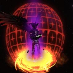 an animated image of a man with wings on his back in front of a globe