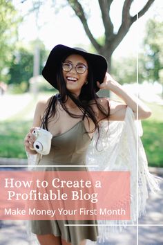 a woman in a dress and hat holding a coffee mug with the words how to create a