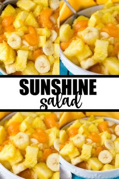 this is a collage of photos with the words sunshine salad in black and white