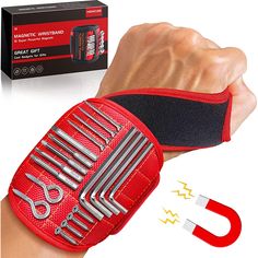 a red wristband with tools attached to it and an image of a man's hand in the background