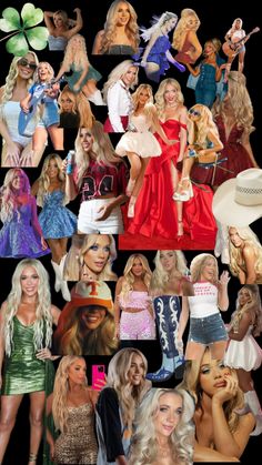 the collage shows many different women dressed in various outfits and hair colors, including blondes