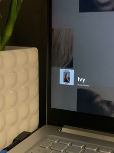 an open laptop computer sitting on top of a desk next to a potted plant