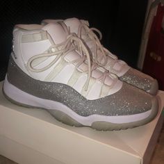 Jordan Retro 11s Women’s 7.5 Glitter Only Reason I’m Selling These Is Because My Feet Grew After I Had My Son. And I’m So Sad About It Haha Worn And Cared For. Structure/Fit Is Still Great. No Rips, Scuffs Or Tears. The Laces And Fabric On Shoes Could Be Cleaned, Literally The Only Issue. No Sole Lifting. In Original Box With All The Wrapping And Shoe Inserts Jordans Retro, Shoe Inserts, Womens Jordans, Jordan 11, Jordan Retro, Jordan Shoes, My Son, On Shoes, Womens Shoes Sneakers