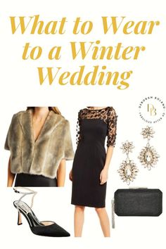 what to wear to a winter wedding with black and gold dress, fur stoler