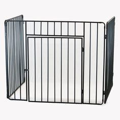 a black metal gate that is open and has bars on the sides, with an opening at the top