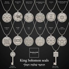 the king solomon seals and key necklaces are shown on a black background with text