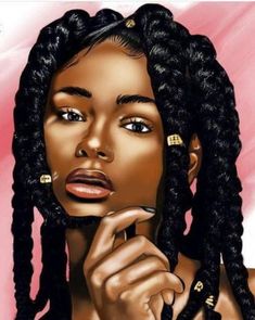 a painting of a woman with dreadlocks holding her hand to her face and looking at the camera