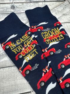 After August 4th, our processing times will be at least 2-3 weeks.  We will not be able to offer any earlier processing and shipping times. Welcome to the SAY IT WITH SOCKS where we specialize in Personalized EMBROIDERED Socks for Special Soles! All socks can be personalized to your custom wishes.  We like to keep the embroidery up to 5 lines and 8 characters per line, however, we do accommodate several longer words on some of our best sellers, i.e., "wedding officiant, significant otter, and Groomsman." So we will do our absolute best to make your sock dreams come true! Please leave us  note in the comment box when you checkout with your personalized embroidery. Socks will come with the "IN CASE YOU GET COLD FEET" embroidery on one sock, unless otherwise noted to be something different in Significant Otter, Groom Socks, Feet Socks, Embroidered Socks, Married Gift, Wedding Socks, Mens Dress Socks, Social Circle, Personalized Embroidery