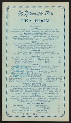 an old menu for the tea room