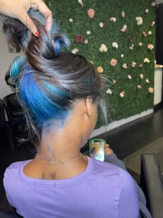 Blue Hair Color Natural Hair, Pretty Colors To Dye Your Hair, Blue Hair On Black Women Natural, Black And Blue Natural Hair, Royal Blue Skunk Stripe Hair, Multi Colored Dyed Hair, Peekaboo Hair Color 4c Hair, Light Blue Skunk Stripe Hair, Black Hair Blue Skunk Stripe