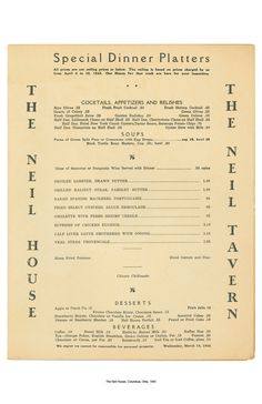 an old menu with the words special dinner platters