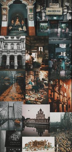 a collage of pictures with people and buildings