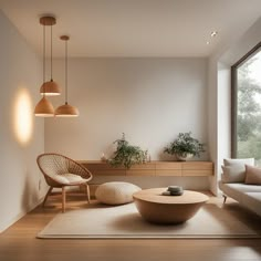 a living room filled with furniture next to a large window covered in plants and hanging lights