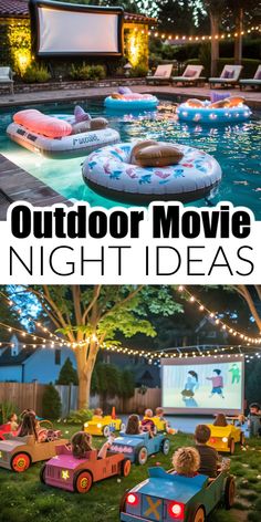 an outdoor movie night with inflatable toys and lights