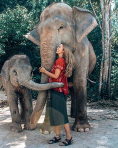 a woman is standing next to an elephant