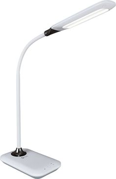 a desk lamp that is on top of a white surface with the light turned off