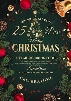 christmas party flyer with bells and decorations