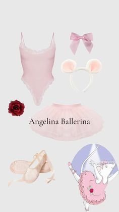 an image of ballet clothes and accessories on display with the caption'angelina ballerina '