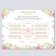 a seating plan for a wedding with pink flowers and gold trimmings on it