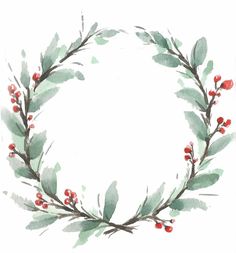 a watercolor wreath with red berries and green leaves