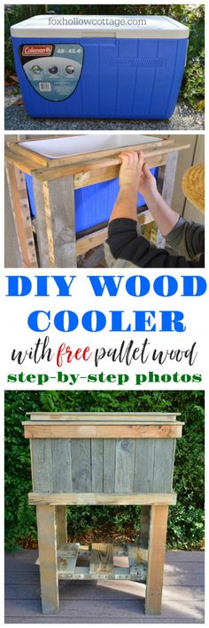 the diy wood cooler is sitting on top of a wooden bench and it's built