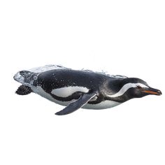 an image of a penguin that is flying in the air with snow on its face