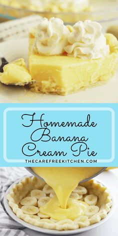 homemade banana cream pie on a white plate