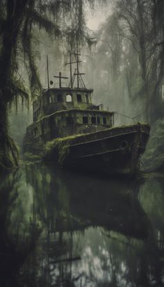 an old boat sitting in the middle of a swampy area with moss growing on it