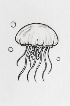 Simple Jellyfish with Bubbles Jelly Fish Cute Drawing, Ocean Aesthetic Drawing Easy, Jelly Fish Doodle Easy, Spongebob Jellyfish Drawing, Ocean Simple Drawing, Marine Life Drawing Simple, Ocean Things To Draw, Drawings Of Jellyfish, Simple Ocean Drawing