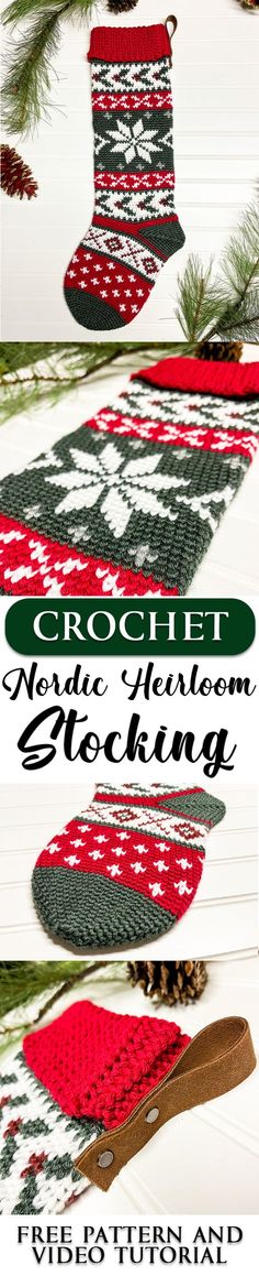 A Free Crochet Pattern for a Christmas Stocking. The Nordic Heirloom Stocking is full of traditional fair isle colorwork and will produce a generous sized stocking. Crochet Stocking Pattern Free, Stocking Pattern Free, Fair Isle Crochet, Crochet Christmas Stocking Pattern, Crochet Holiday, Crochet Stocking, Crochet Christmas Stocking, Crochet Xmas