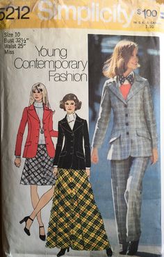 a woman's skirt and jacket sewing pattern from the 1970's, with an image of young contemporary fashion